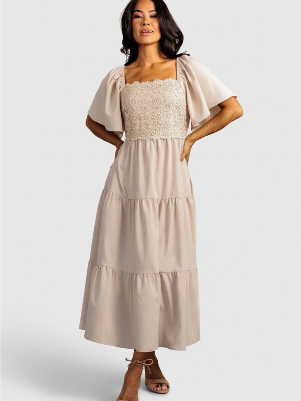 Baltic Born Beige Lace Bodice Tiered Maxi Dress with Flutter Sleeves